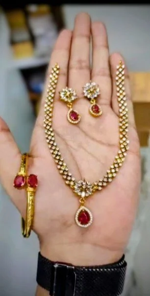 Gold Plated Ruby Stone Necklace Set with Bracelet