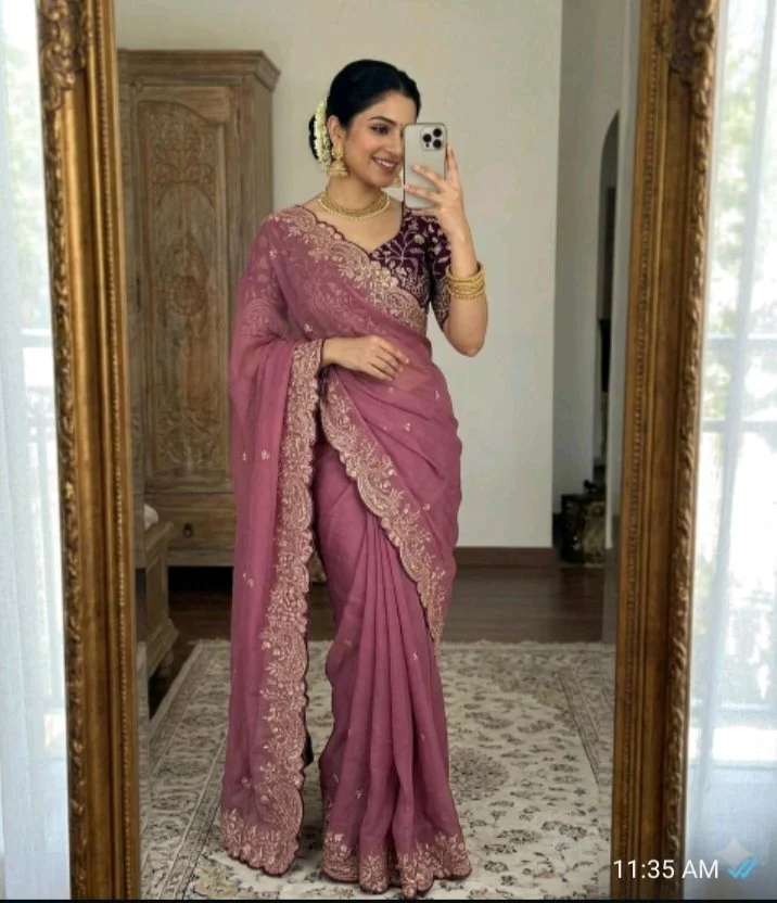 Mauve Georgette Embroidered Saree with Velvet Blouse