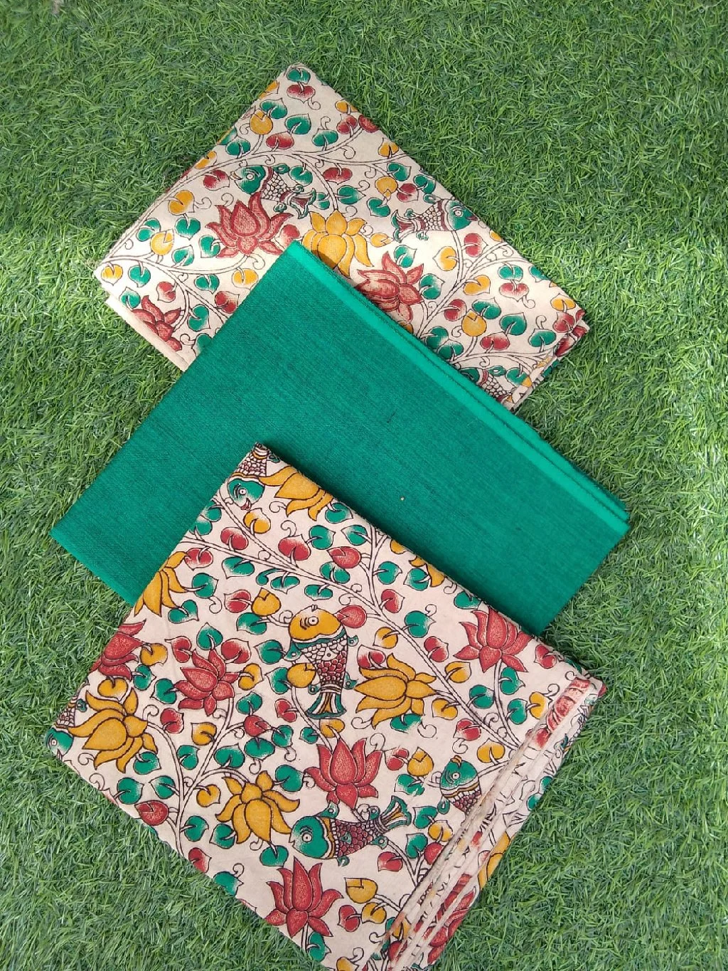 Red Kalamkari Floral Print Cotton Dress Material Set - Variant 2