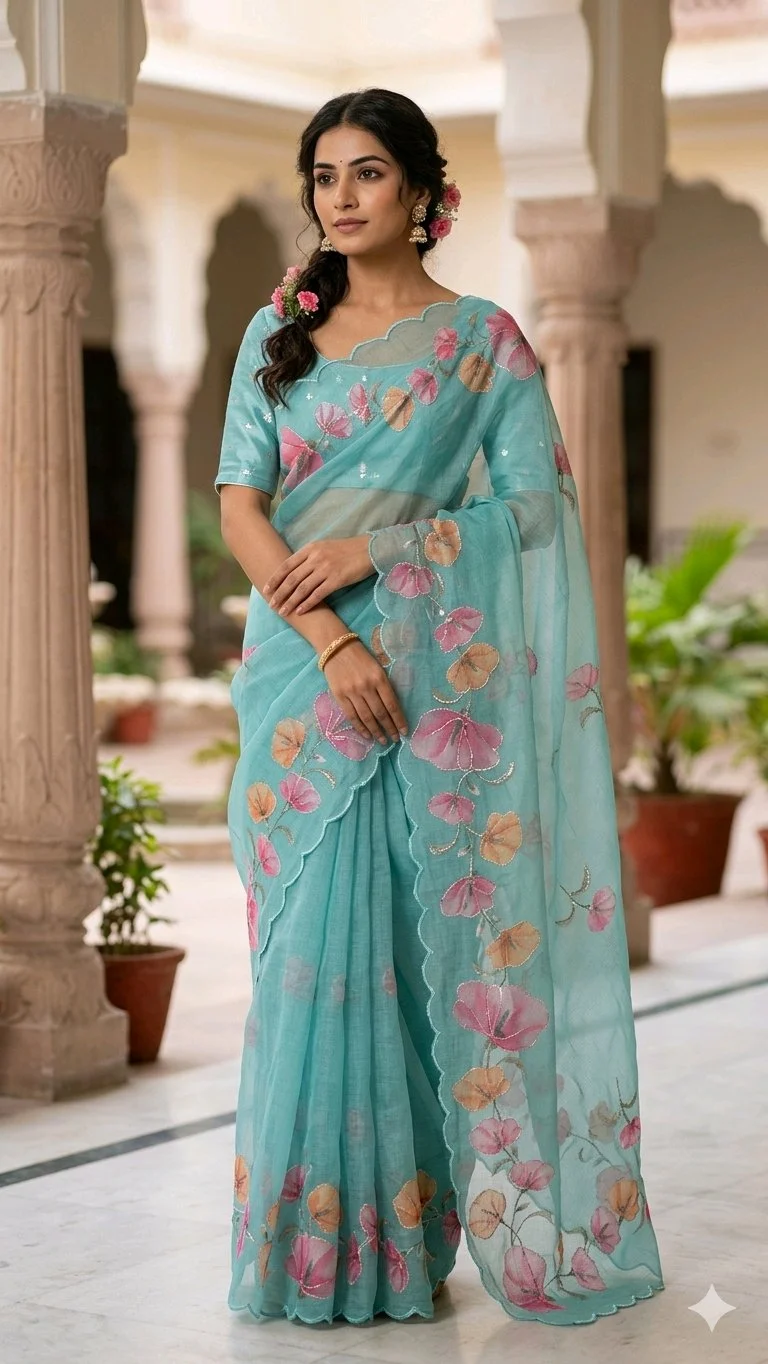 Aqua Blue Lenin Cotton Saree 1