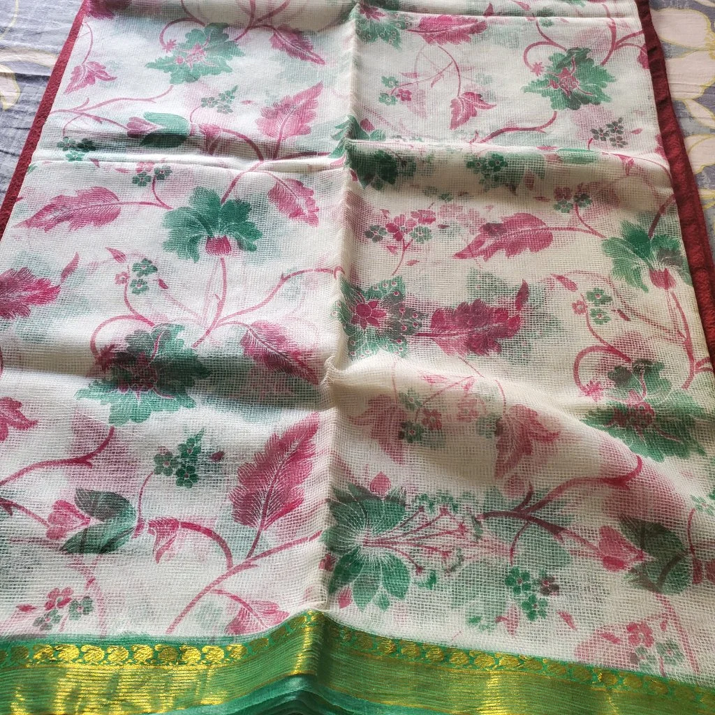 White Floral Printed Jp Kota Saree with Green Zari Border thumbnail 2