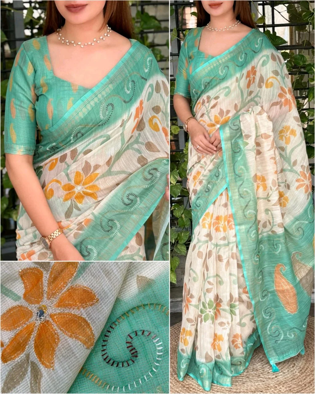 NC Cotton Floral Print Saree with Pink Embroidered Border 5