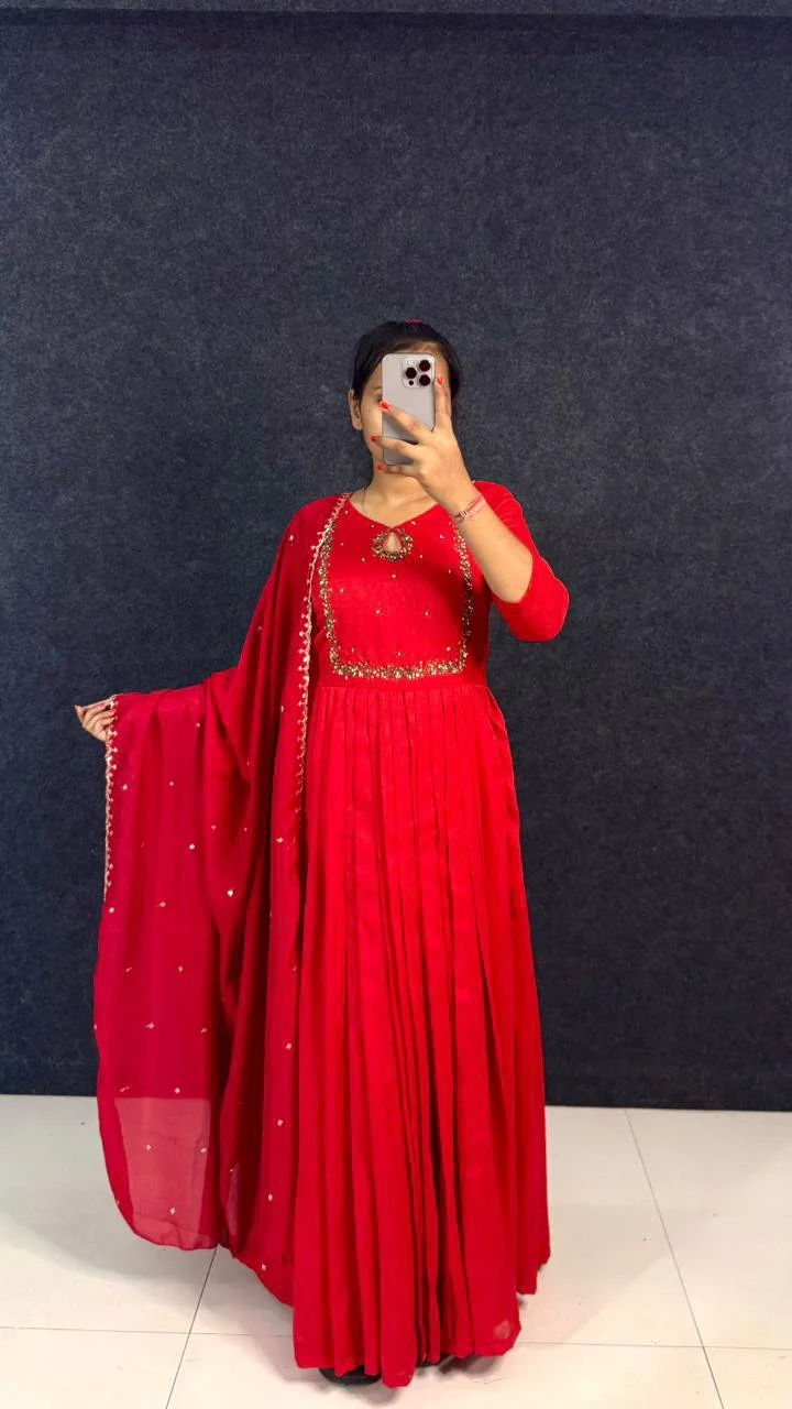 Red Anarkali Gown with Gold Embroidery