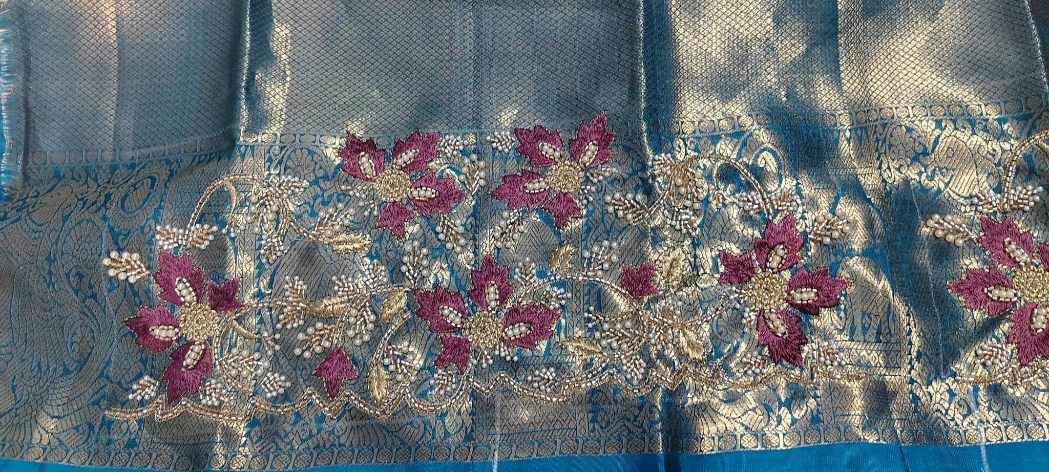 Blue Computer Maggam Floral Embroidered Blouse Piece thumbnail 2