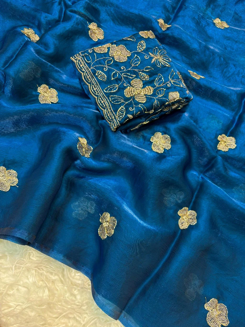 Space Silk Saree Fabric with Gold Floral Embroidery thumbnail 7