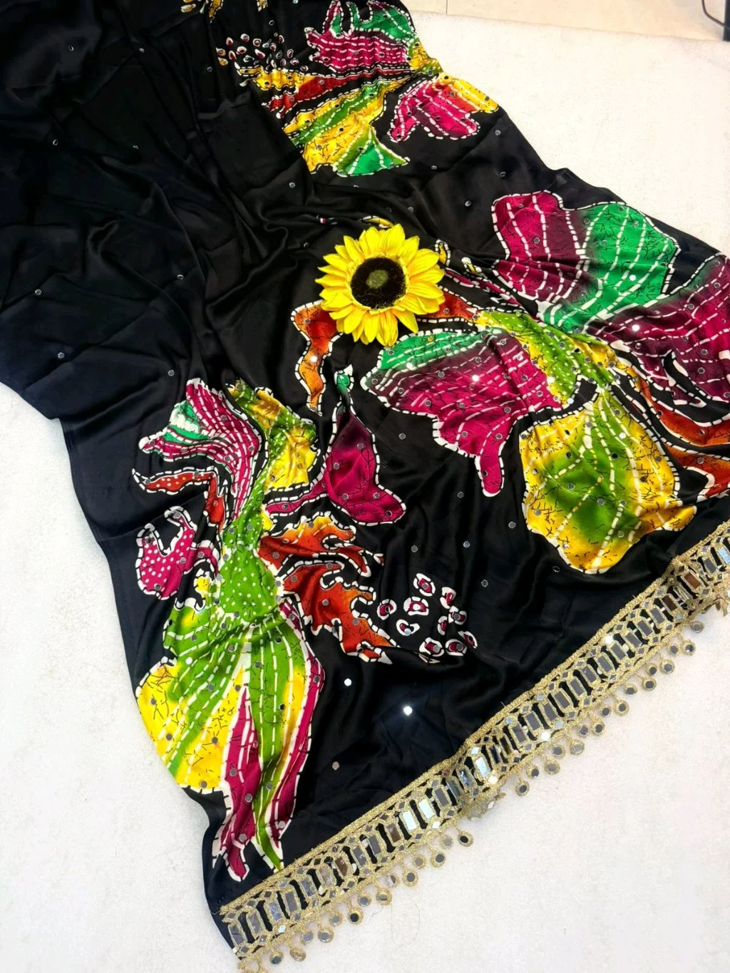 Black Ajrakh  Saree with Colorful Abstract Print and Mirror Work 6