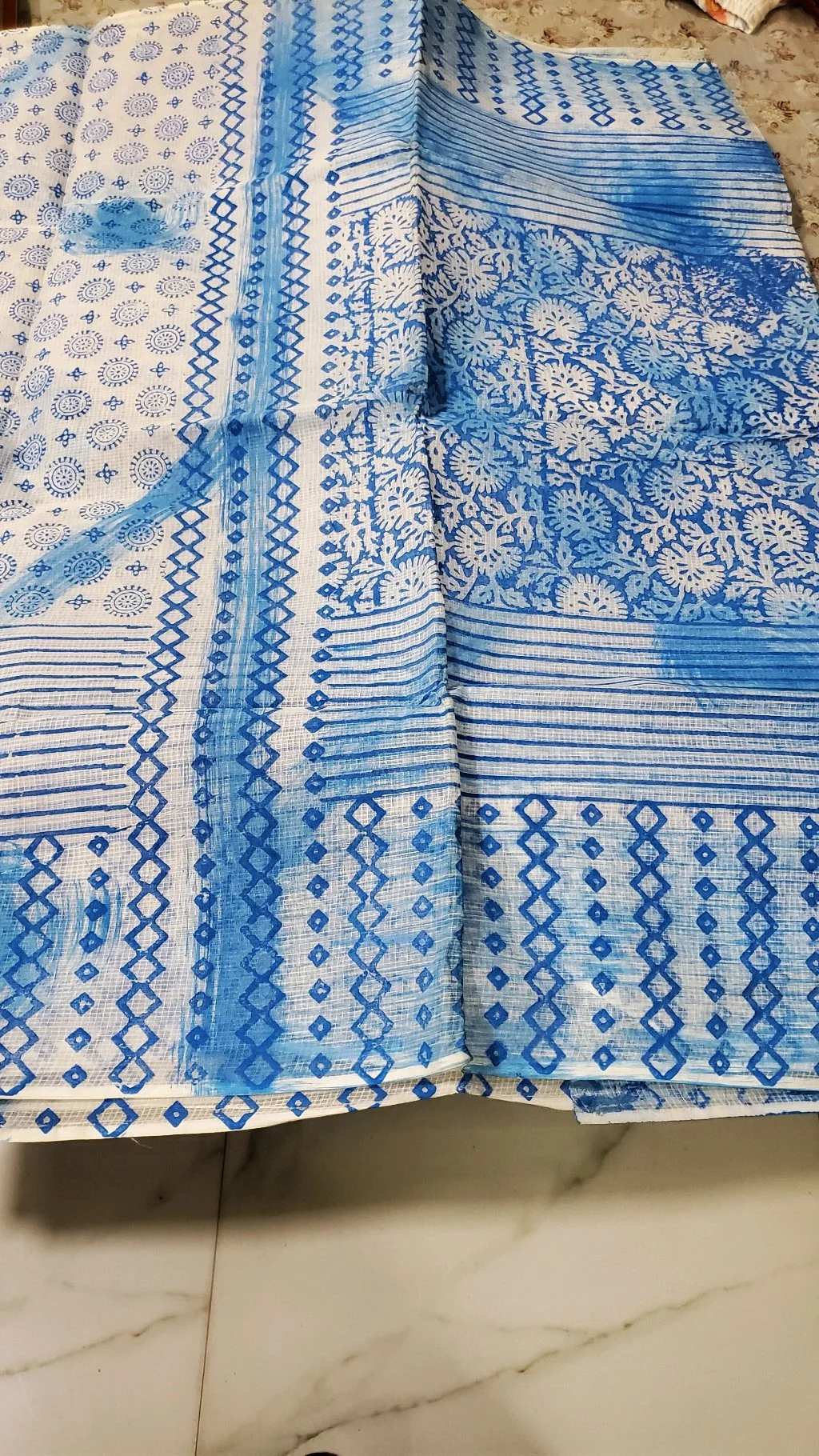 Blue and White Block Print Cotton Organdi Saree 3