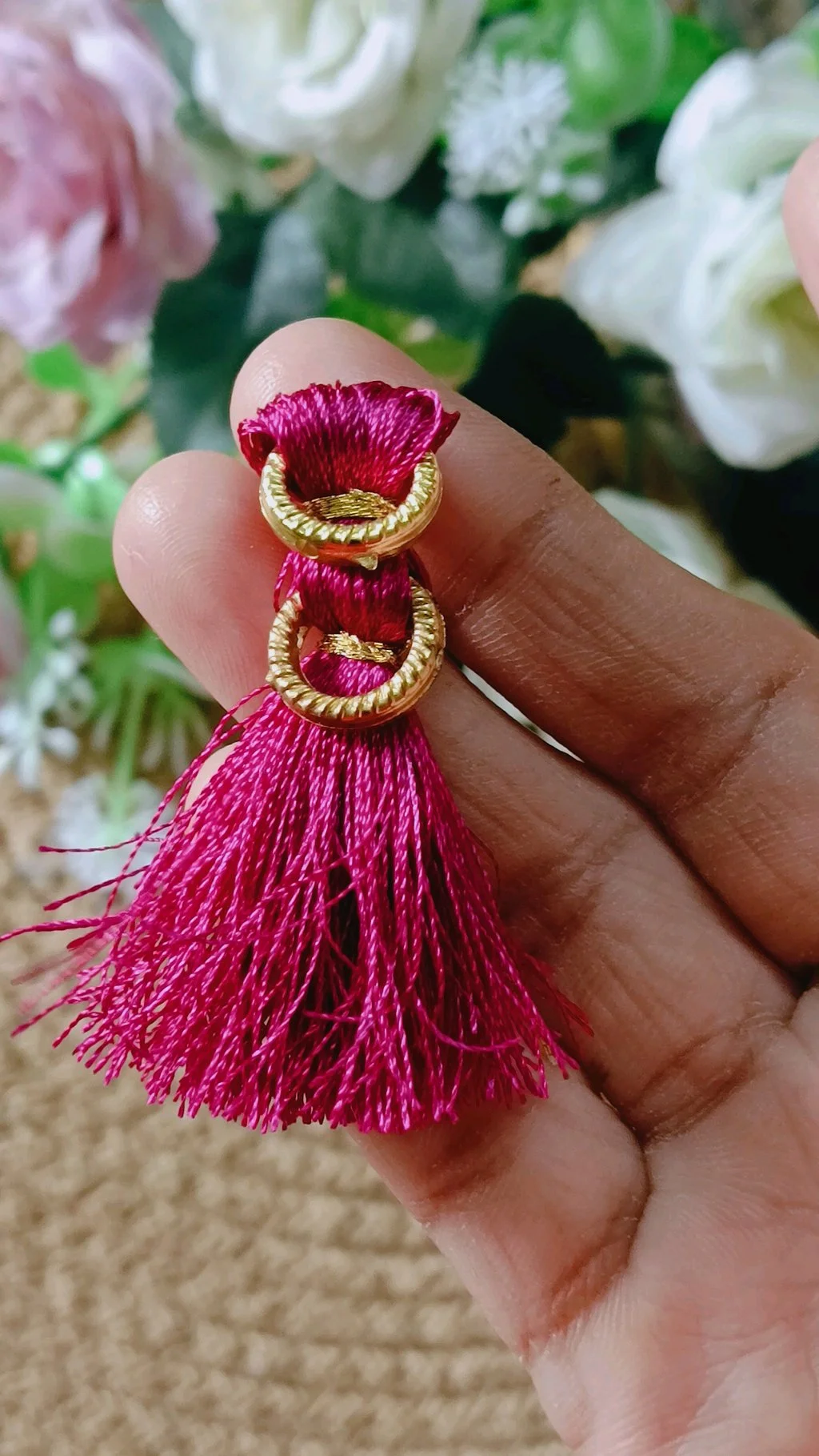 Fuchsia Silk Thread Tassel Earrings with Gold Rings thumbnail 3