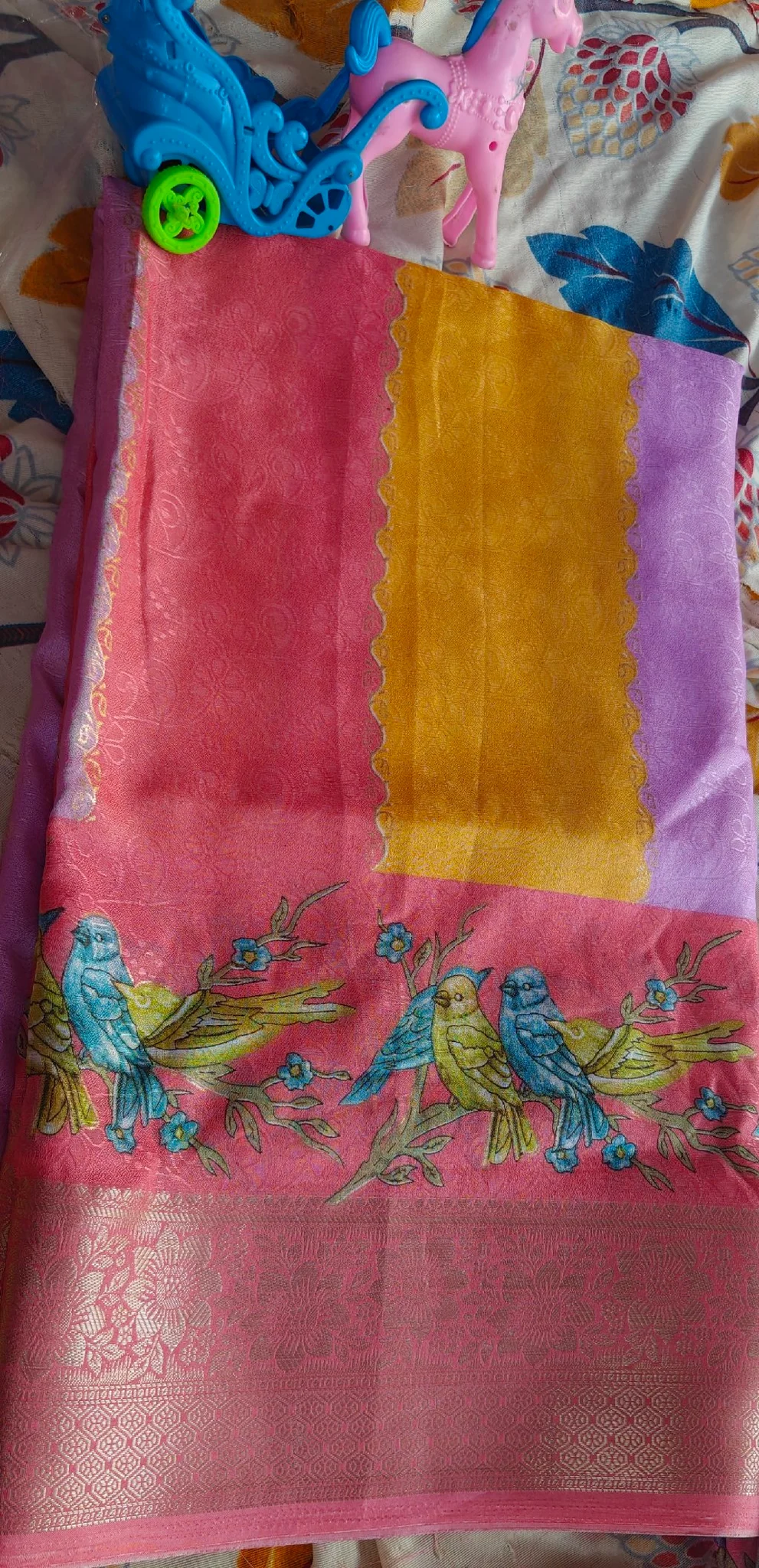Yellow Pink Bird Motif Silk Blend Saree - Variant 5