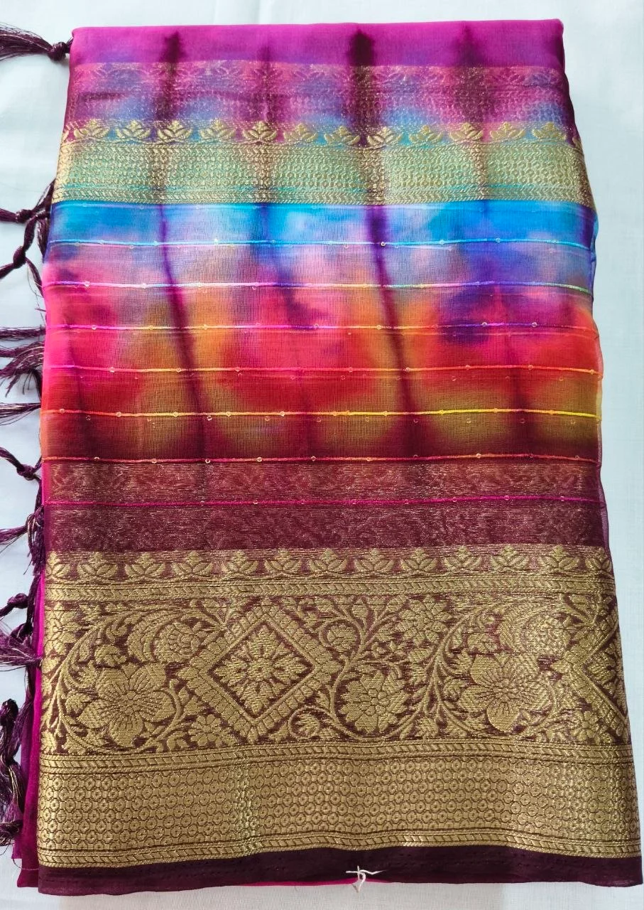 Vibrant Tie Dye Fancy Saree with Gold Zari Woven Border