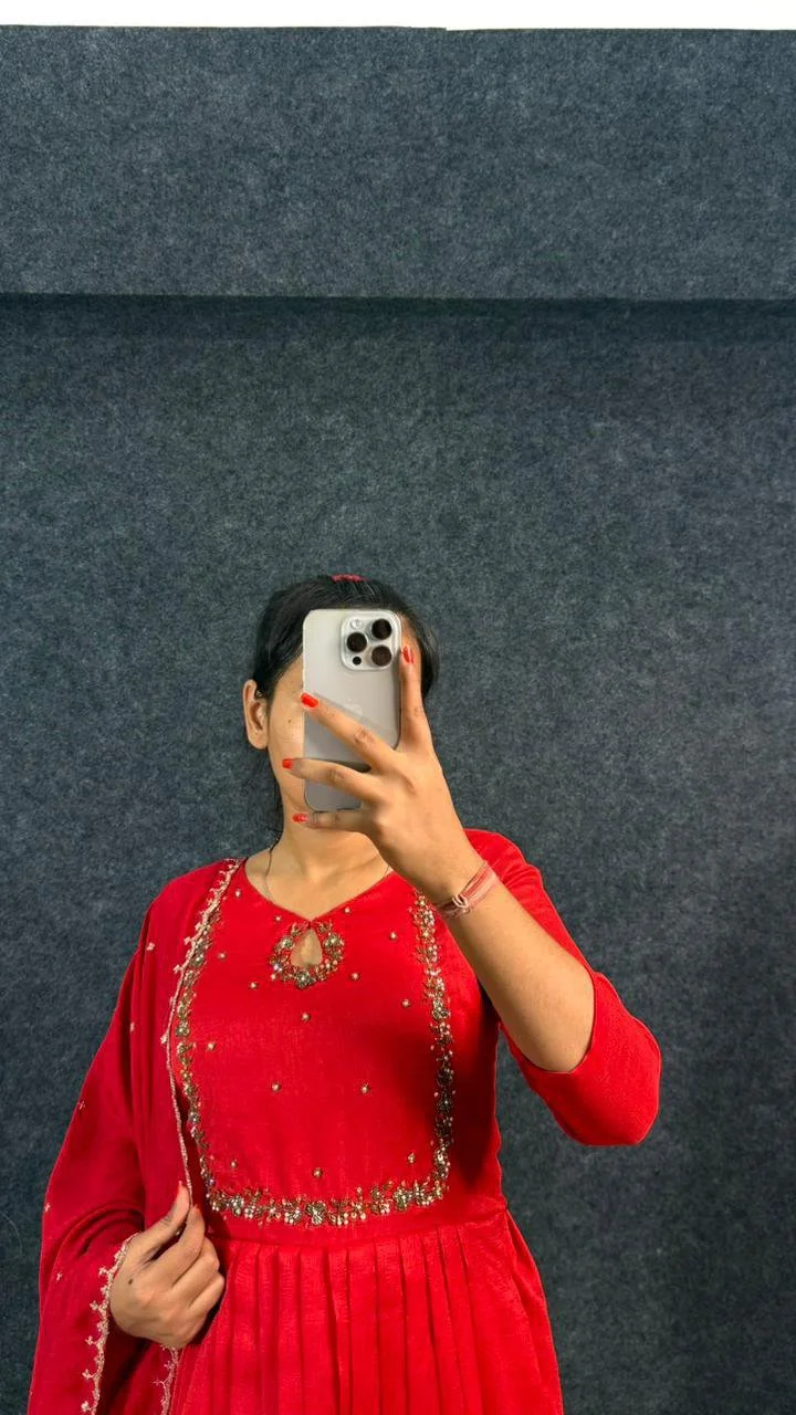 Red Anarkali Gown with Gold Embroidery thumbnail 4