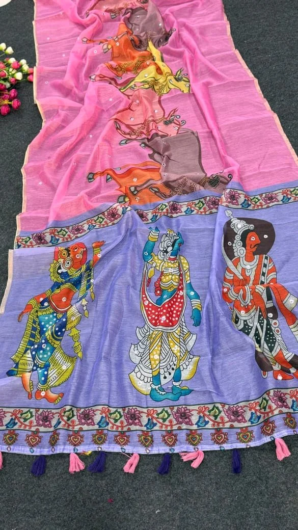 Horse Print Mirror Work Saree with Tassels 7
