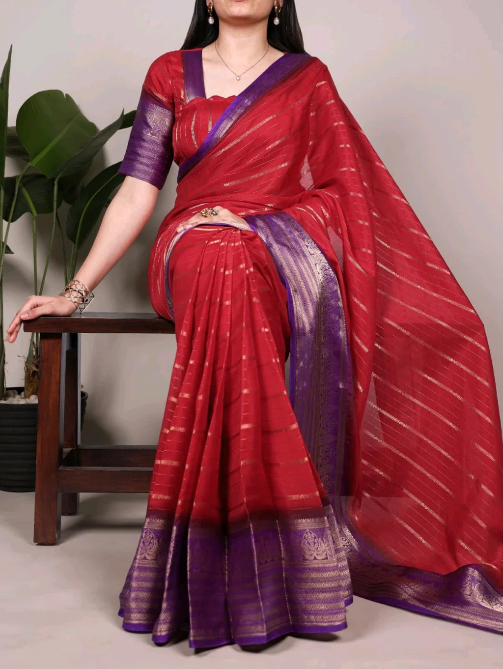 Red Crepe Silk  Saree with Purple Zari Border