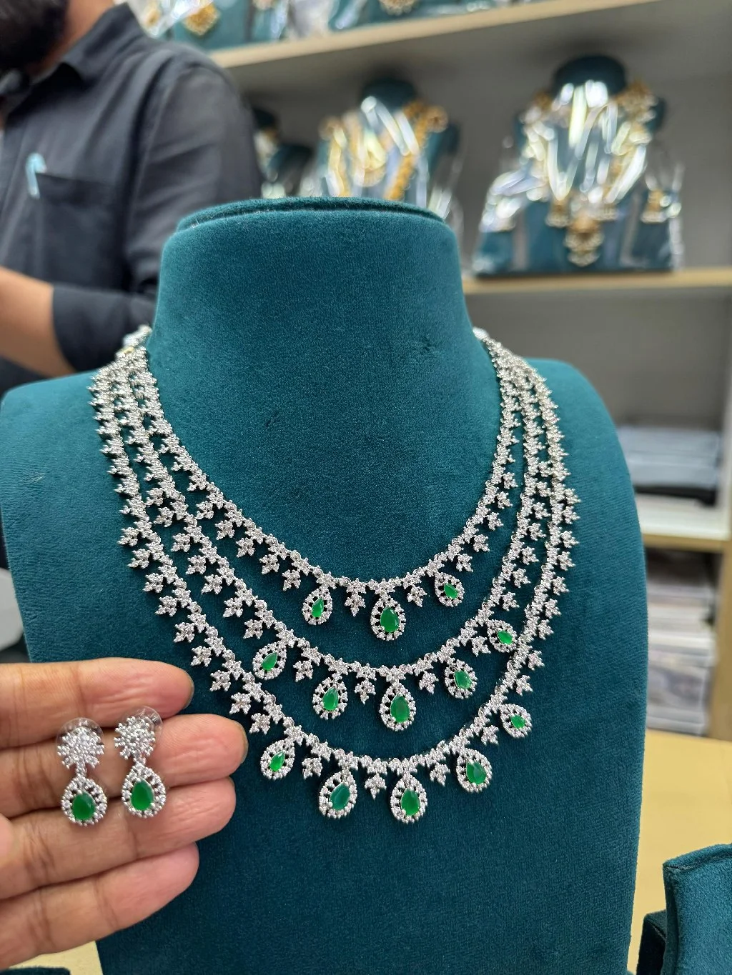 Silver Toned Layered Necklace Set with Purple Stones and Earrings thumbnail 2