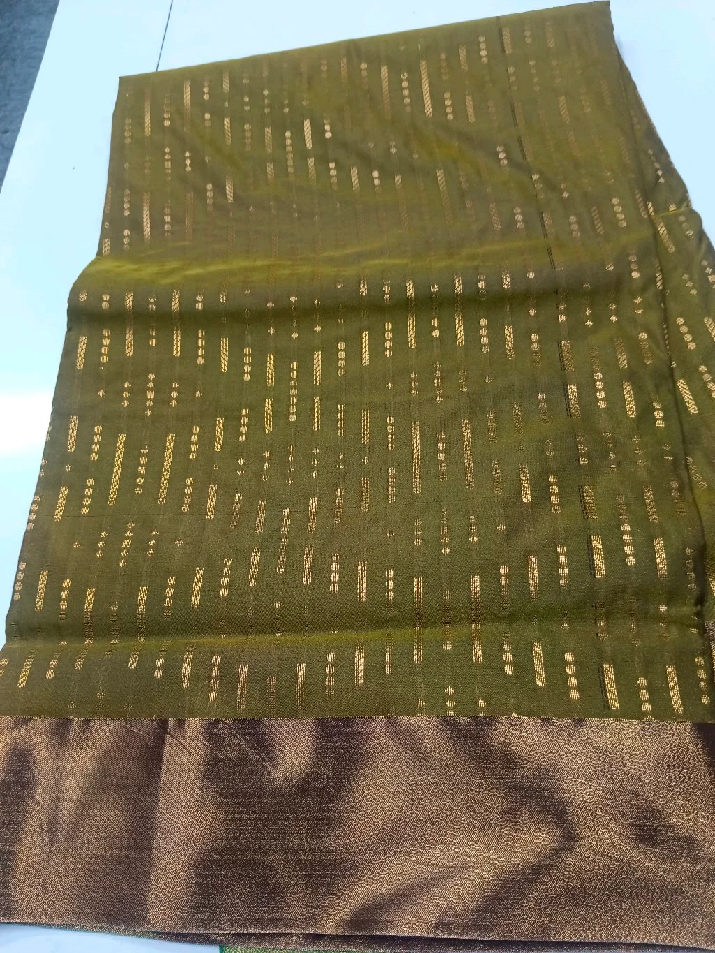 Olive Green Silk Saree with Gold Zari Stripes and Bronze Border