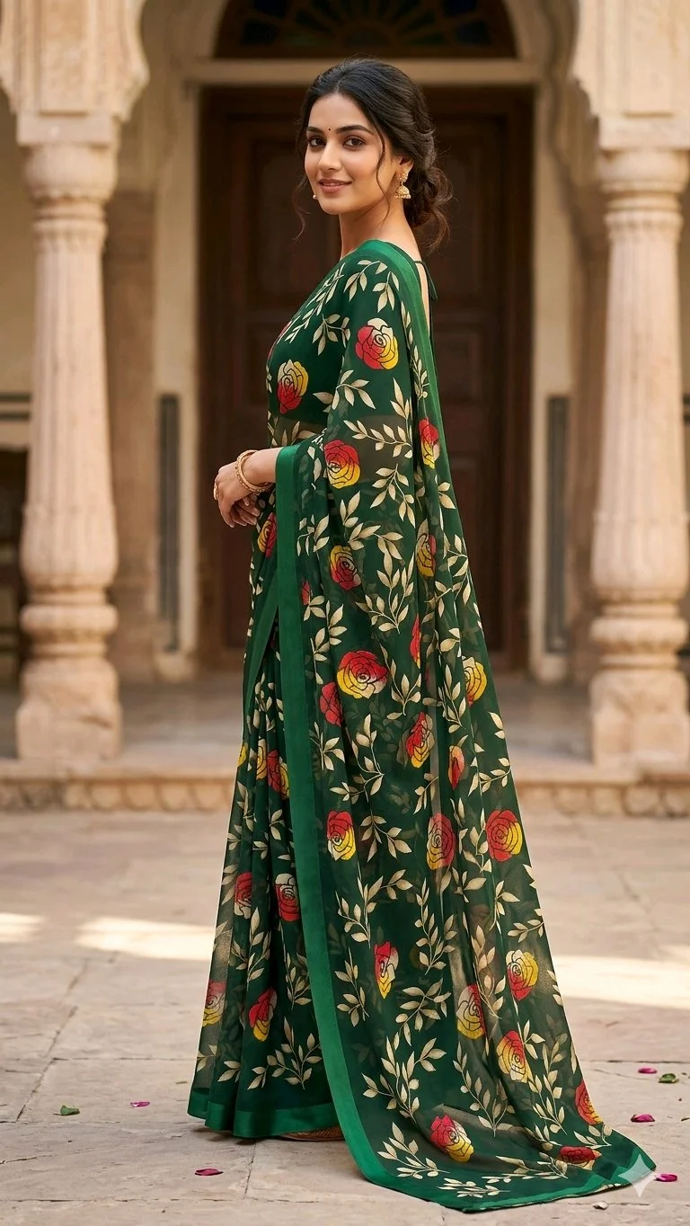 Combo Offer Dark Green & Mustard Yellow Floral Print Chiffon Saree thumbnail 1