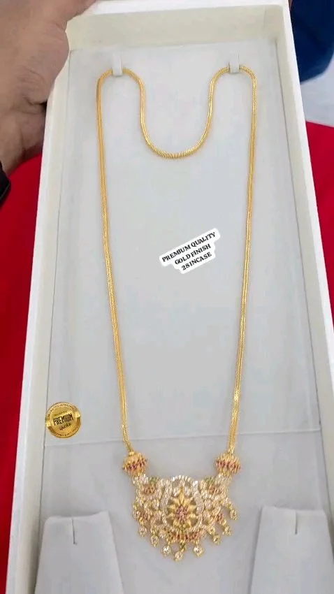 Premium Quality Gold Finish Long Chain with Stone Pendant