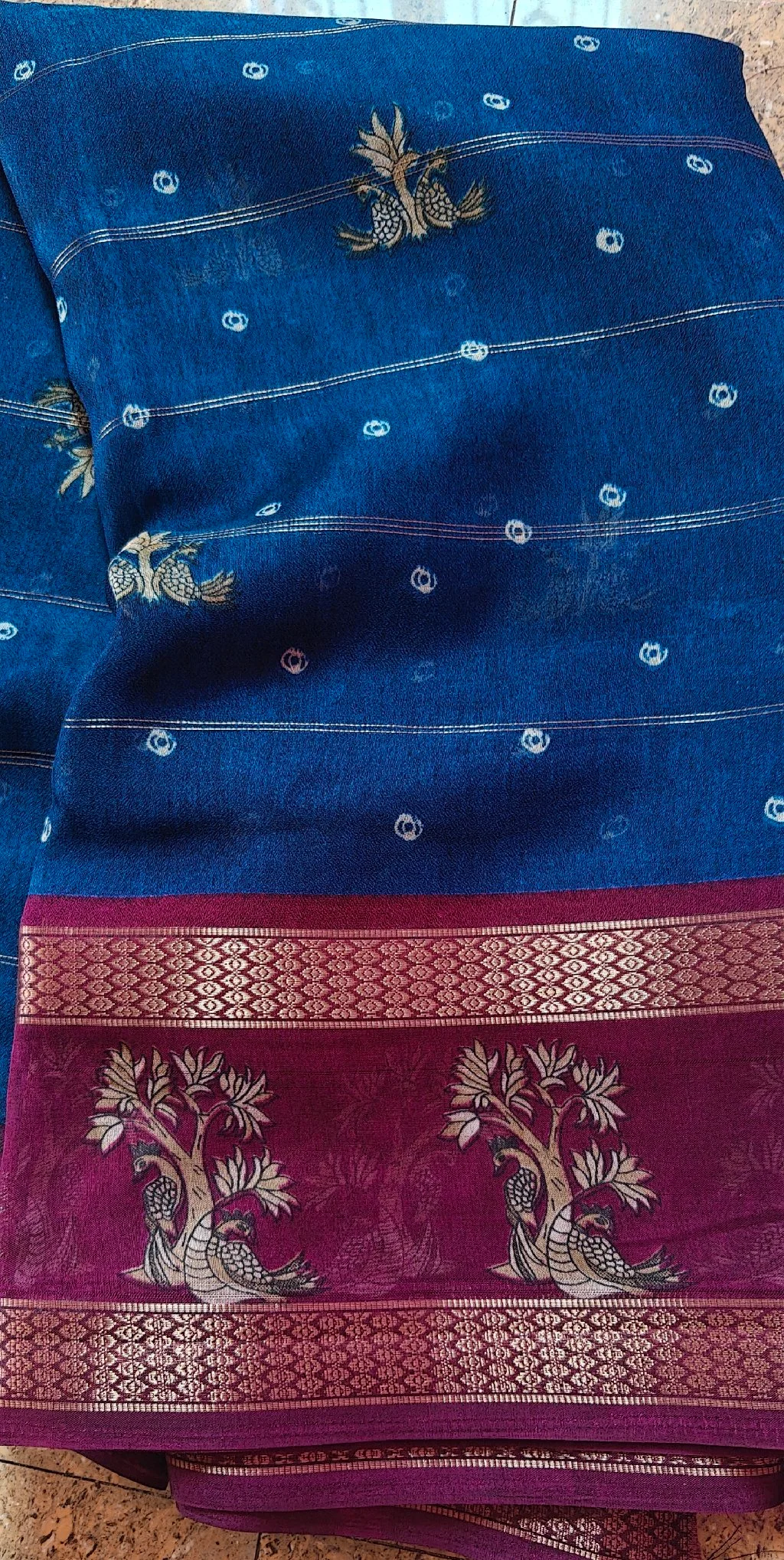 Teal Blue Peacock Tree Motif Saree with Maroon Zari Border thumbnail 5