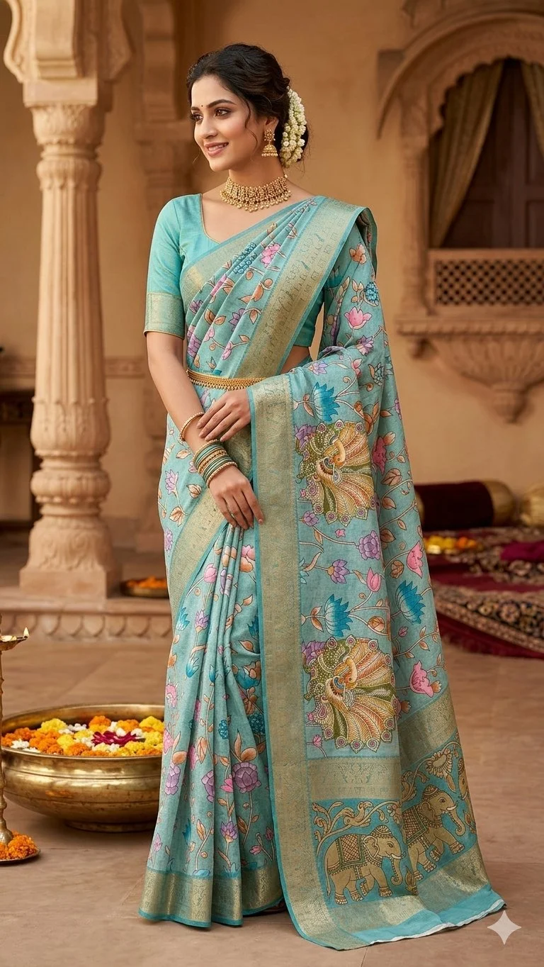 Aqua Blue Floral Silk Blend Saree with Peacock Elephant Zari Border 1