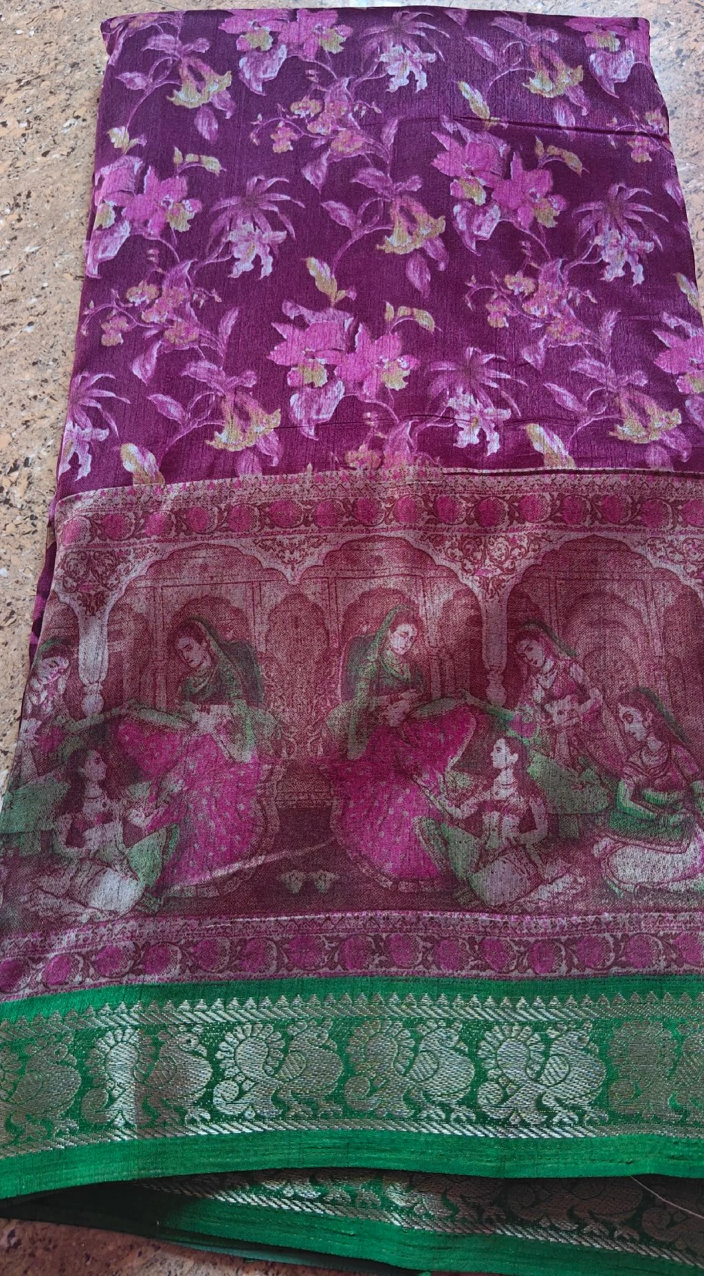 Purple Floral Figurative Saree with Green Zari Border