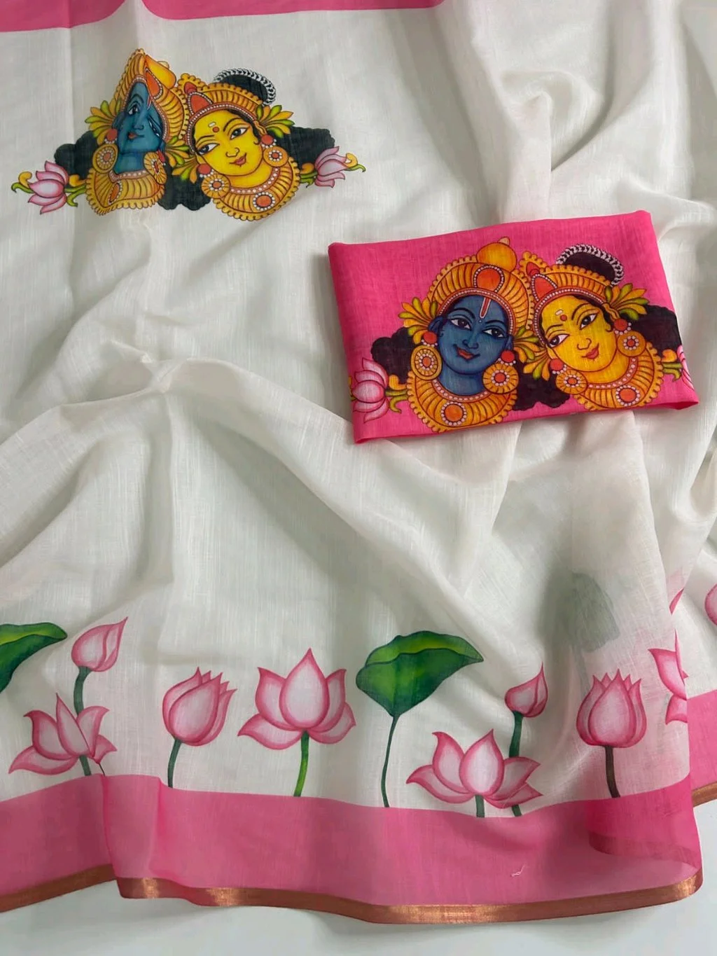 Handpainted Linen Saree with Lotus Design and Mural Art Blouse 3