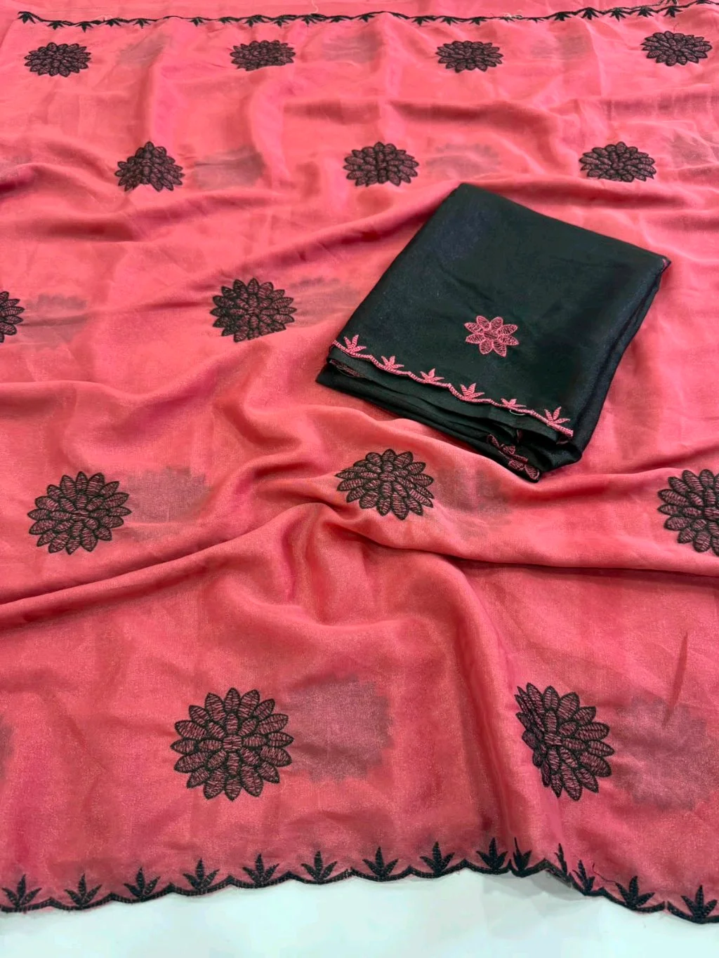 Star Georgette Multi Embroidered Saree with Black Floral Motifs and Blouse thumbnail 1