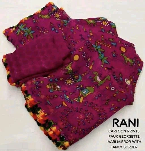 Soft Georgette Saree with Cartoon Prints and Aari Mirror Work 3
