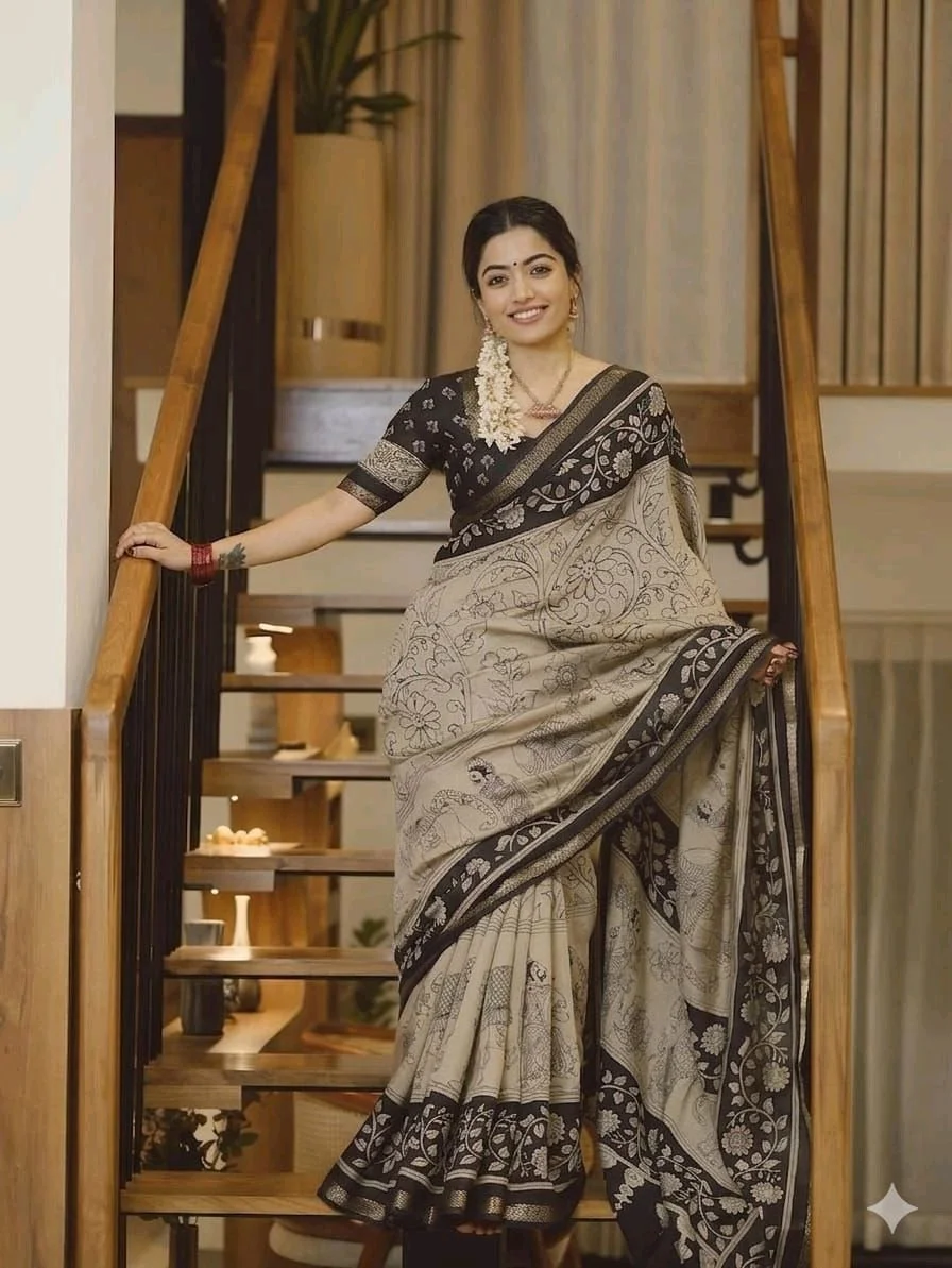 Kalamkari Print Cotton Saree with Traditional Border 2