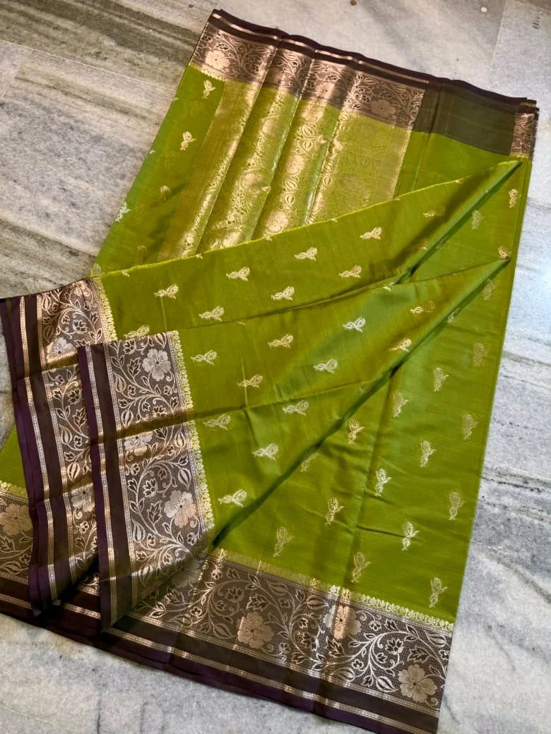 Olive Green Banarasi Katan  Silk Saree with Zari Floral Border 3