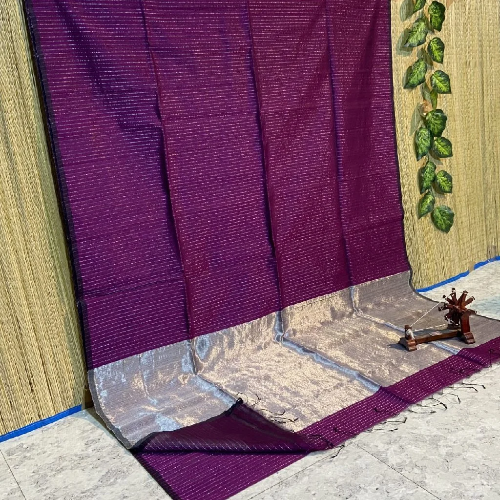 Royal Blue Saree with Silver Zari Stripes and Border 3