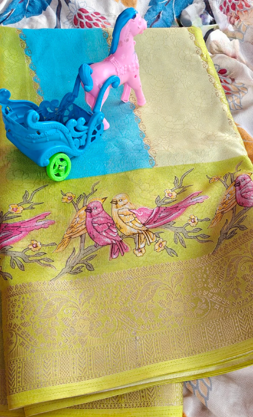 Yellow Pink Bird Motif Silk Blend Saree - Variant 3