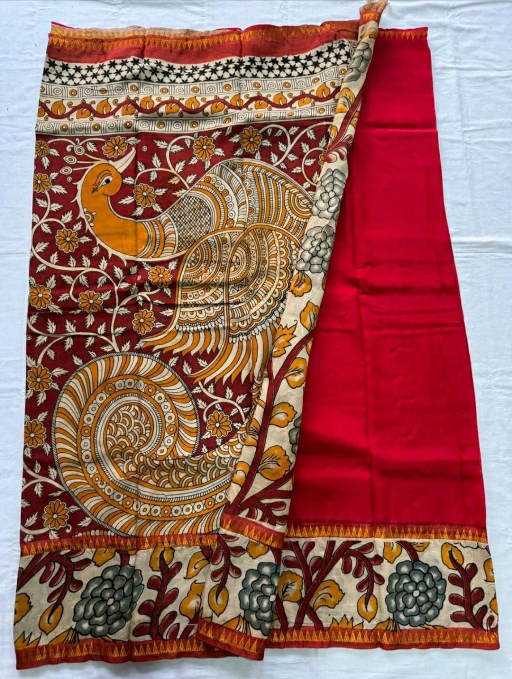 Red Mangalagiri Pattu Saree with Kalamkari Peacock Design thumbnail 1