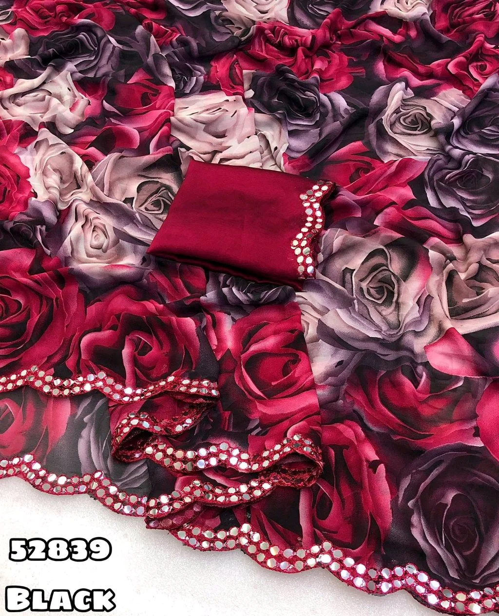 Black and Red Floral Print Saree with Mirror Work Border thumbnail 3