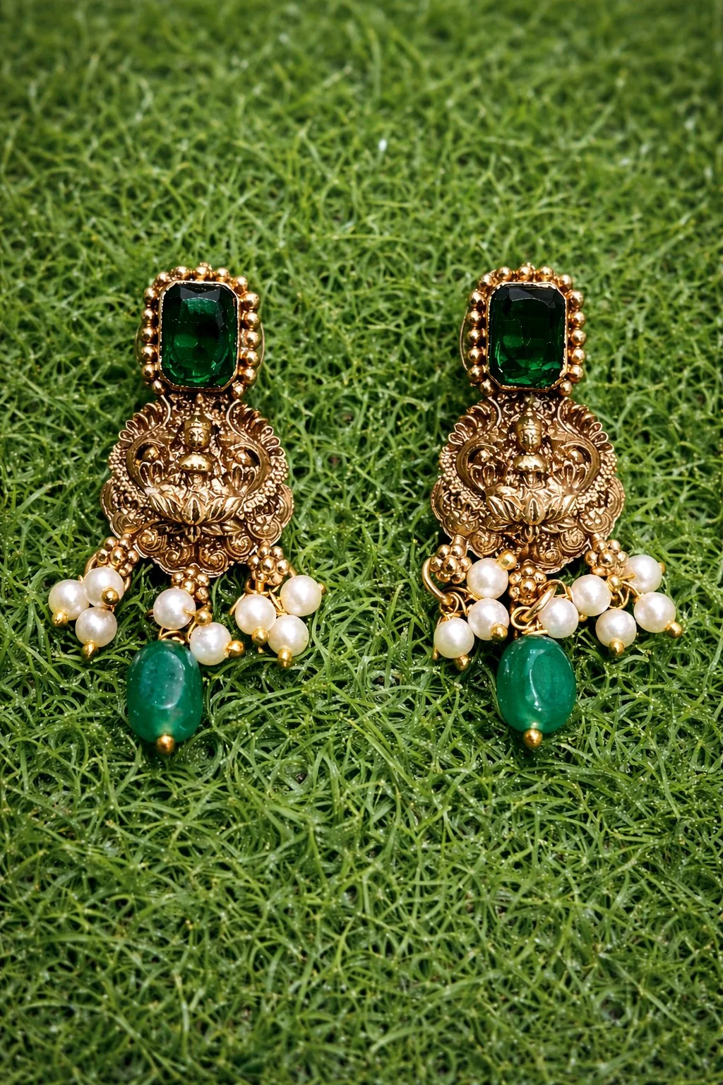 Gold Toned Lakshmi Temple Necklace Set with Green Stones and Pearls 3