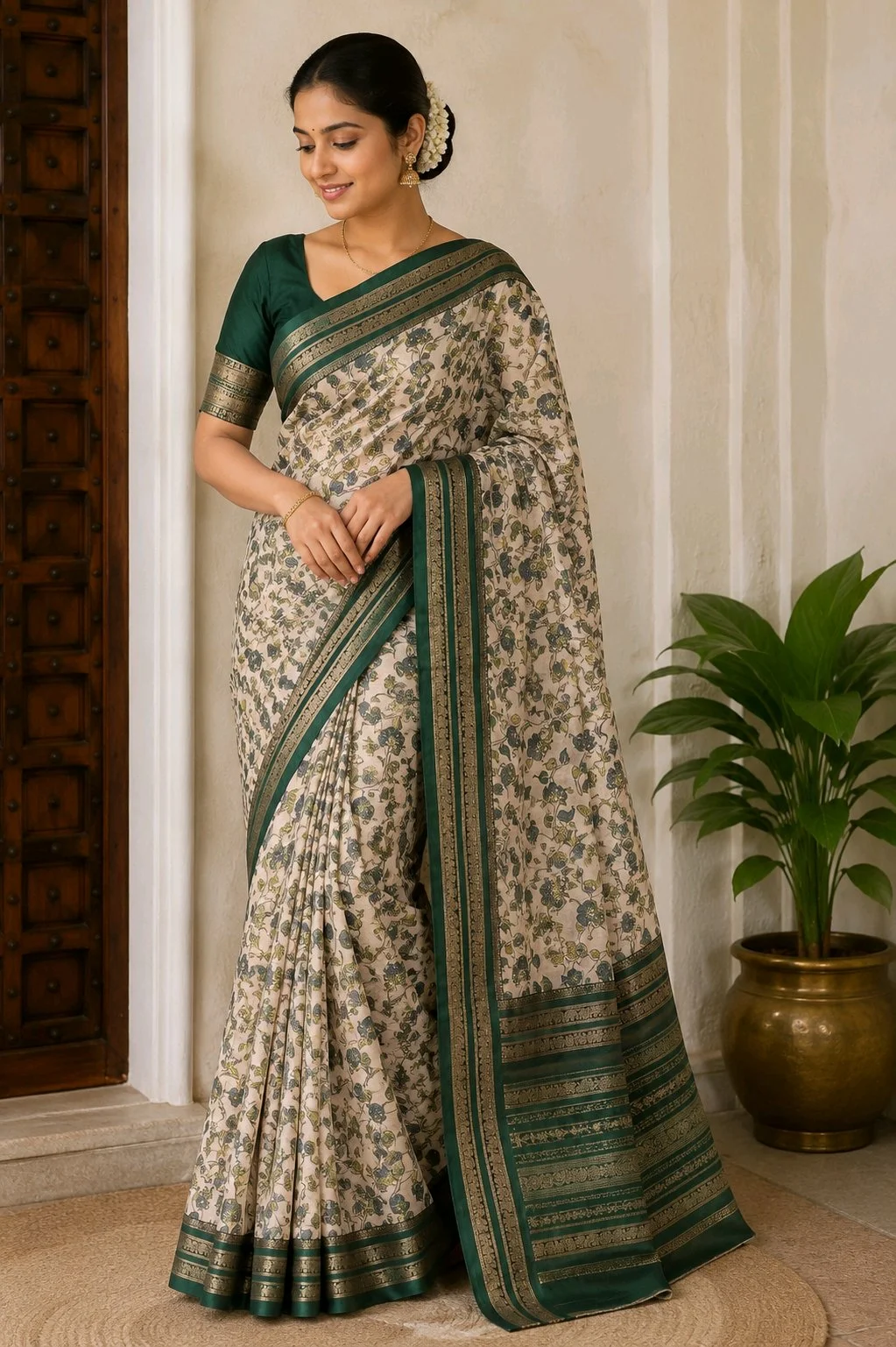Cream Floral Print Silk Blend Saree with Green Zari Border thumbnail 1