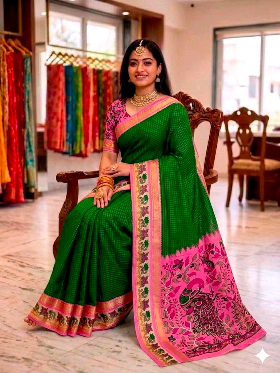 Mysore Silk Saree with Peacock and Lotus Border thumbnail 7