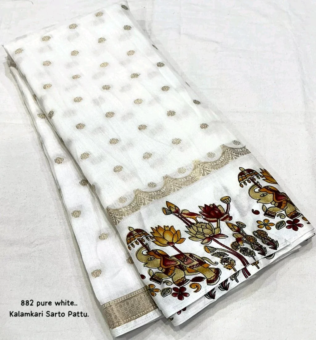 Kalamkari Printed Saree with Gold Border 4