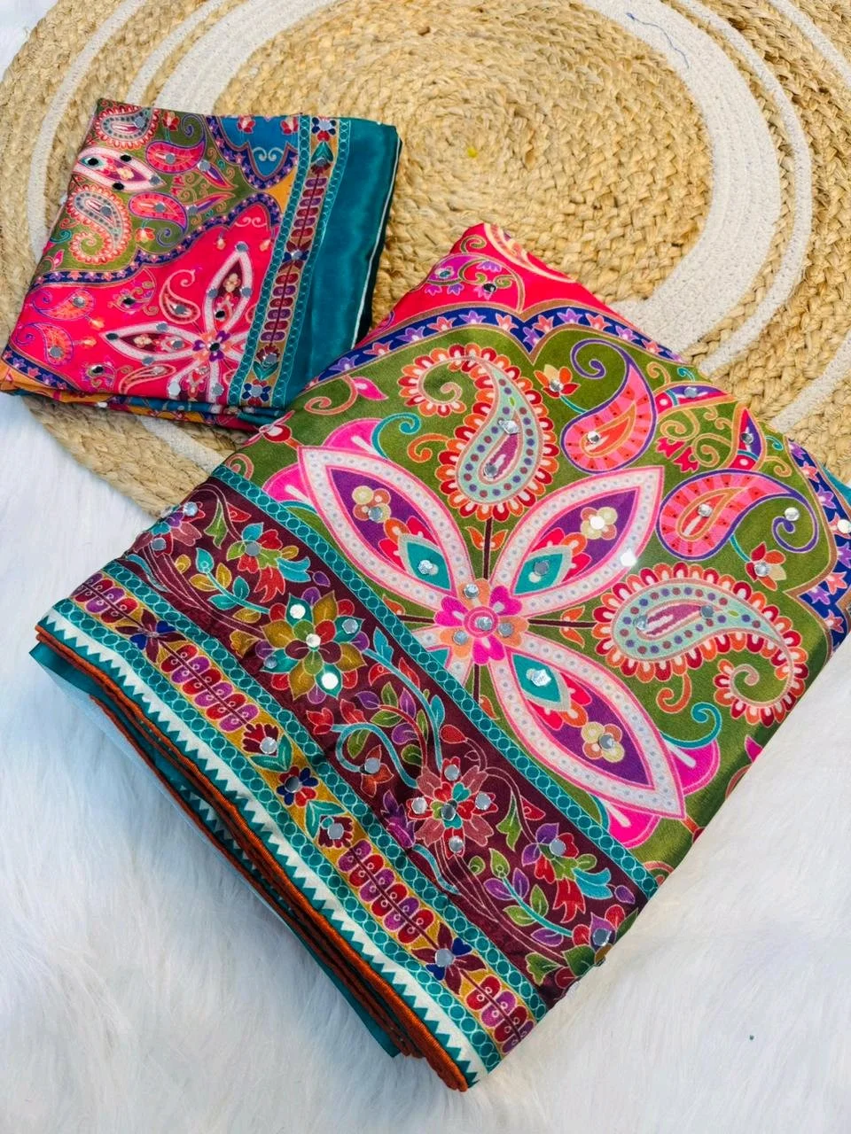Ajrakh Sarees  with Mirror Work 9