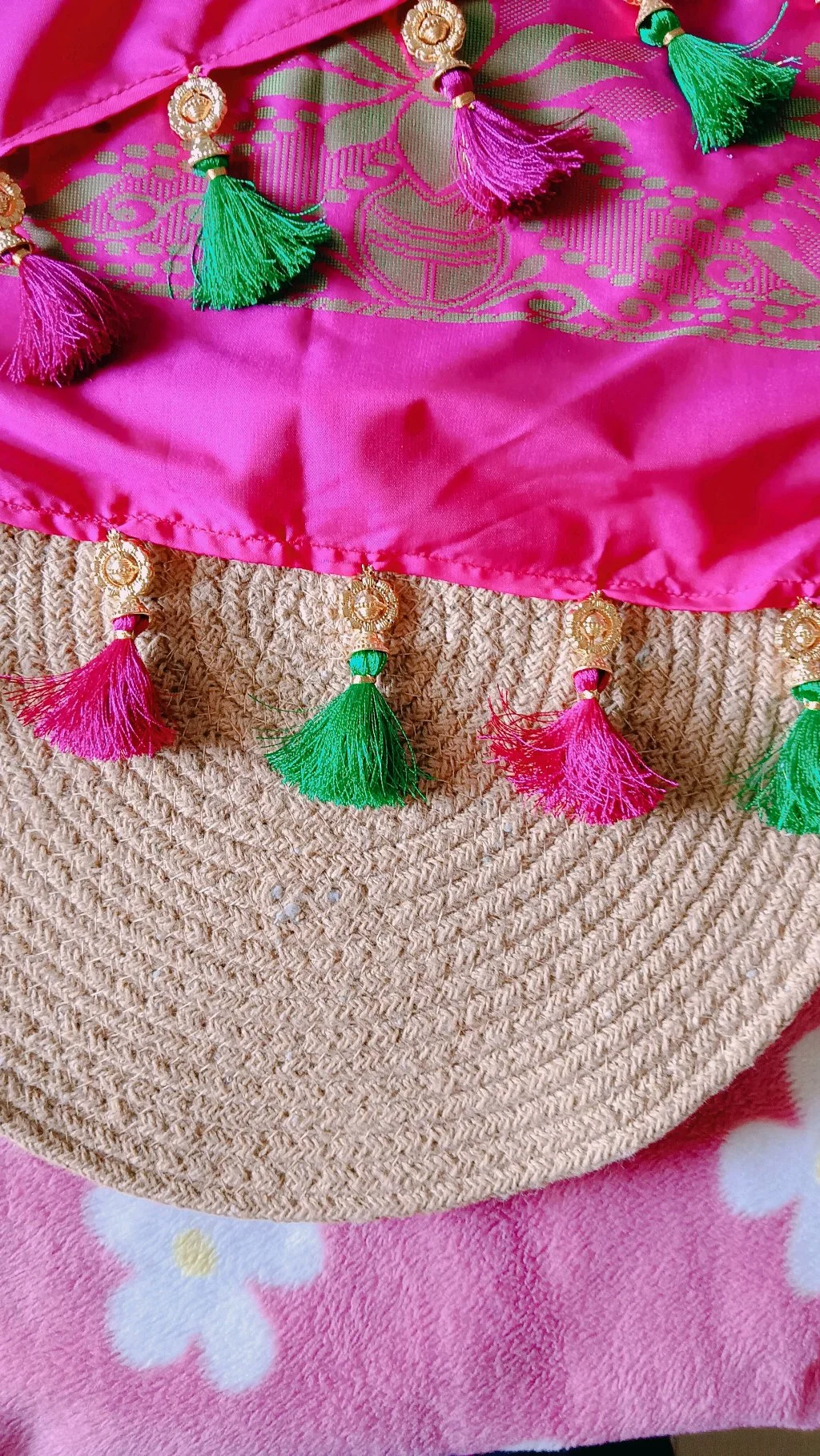 Pink and Green Silk Saree Tassels with Gold Caps thumbnail 3