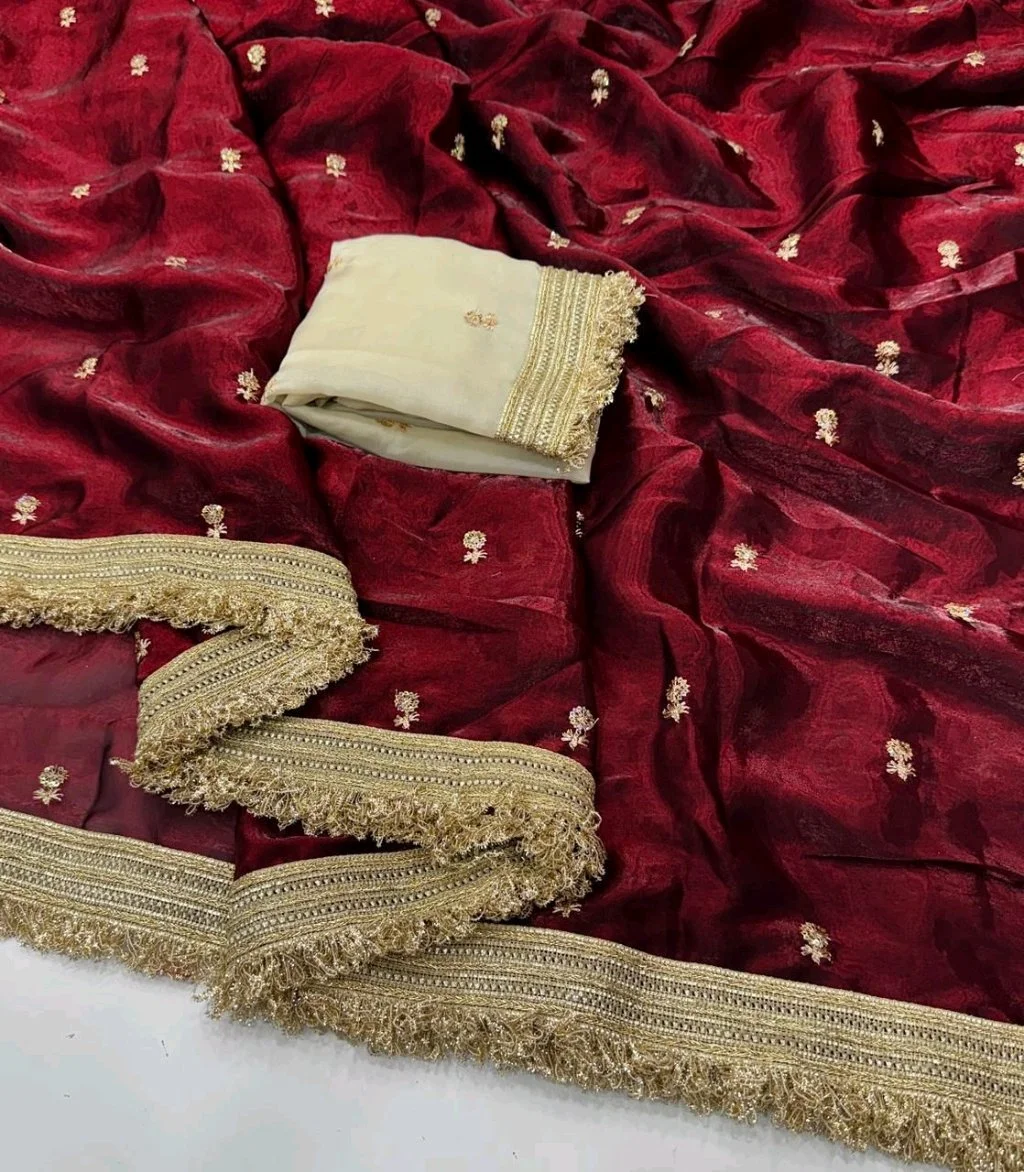 Space Sattin Dual Shad Gold Zari Border and White Blouse Piece thumbnail 5