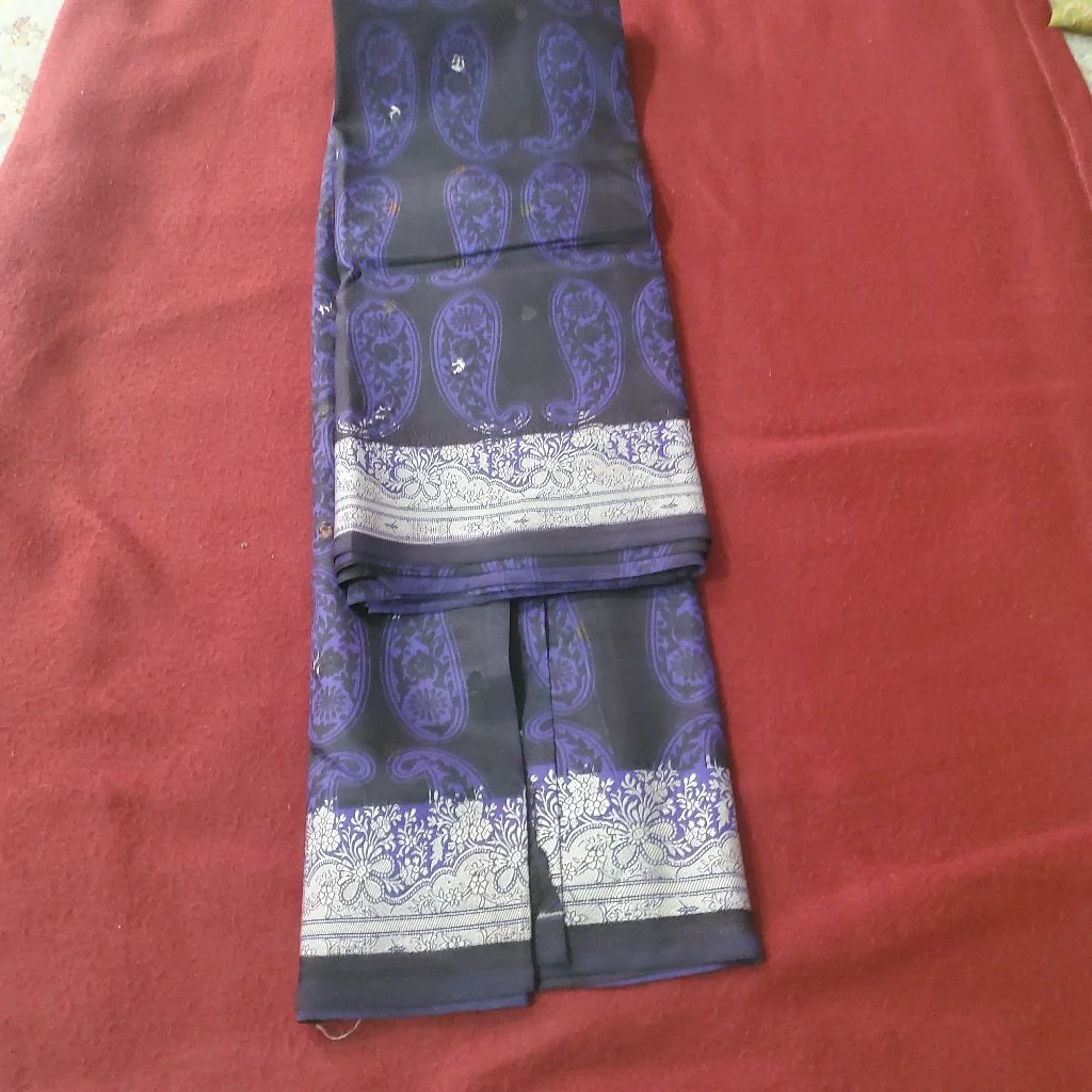 Dark Black Paisley Pure Silk Saree with Silver  Thread Border