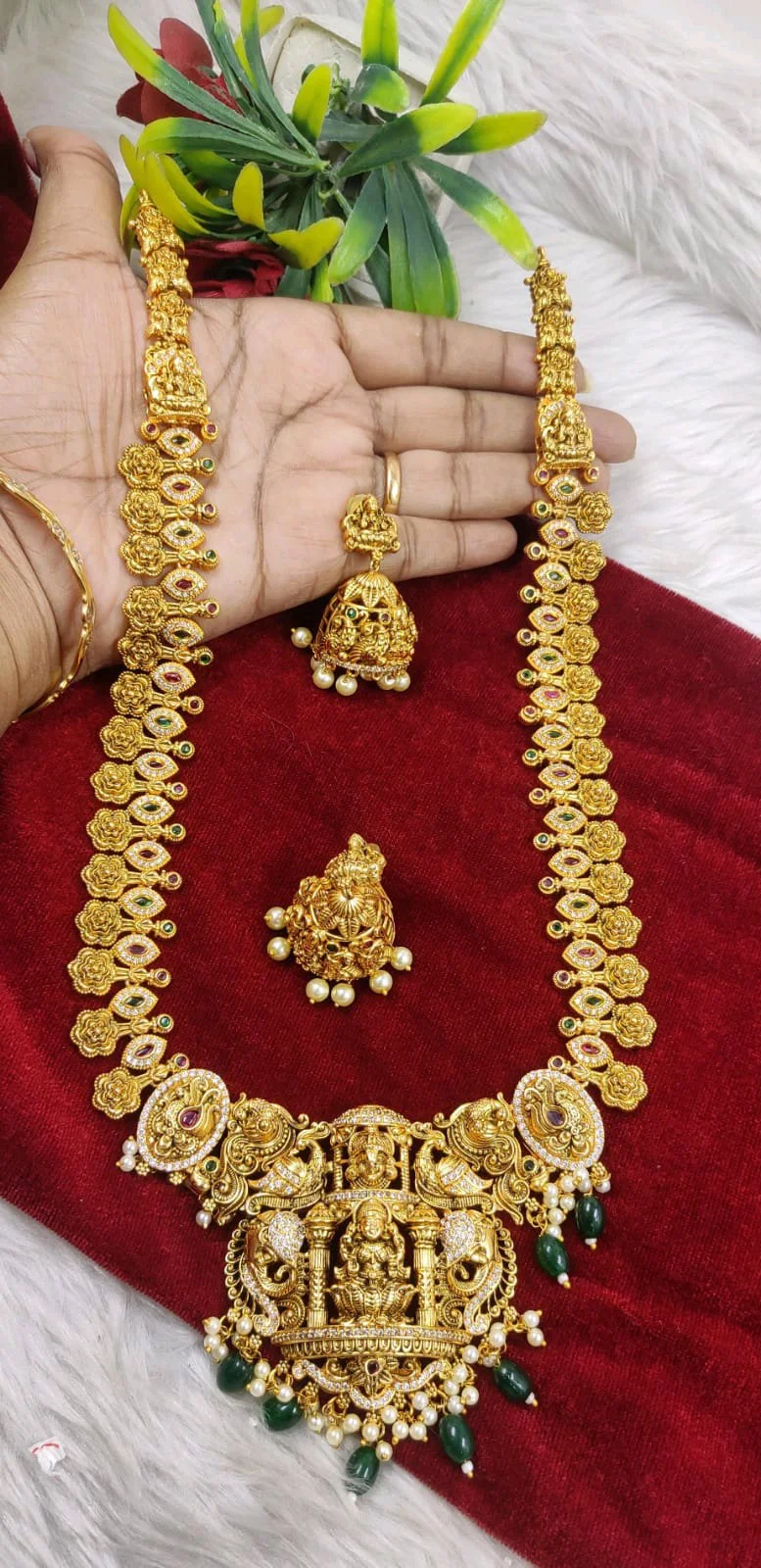 Gold Plated Long Temple Haram Necklace Set with Earrings and Ring
