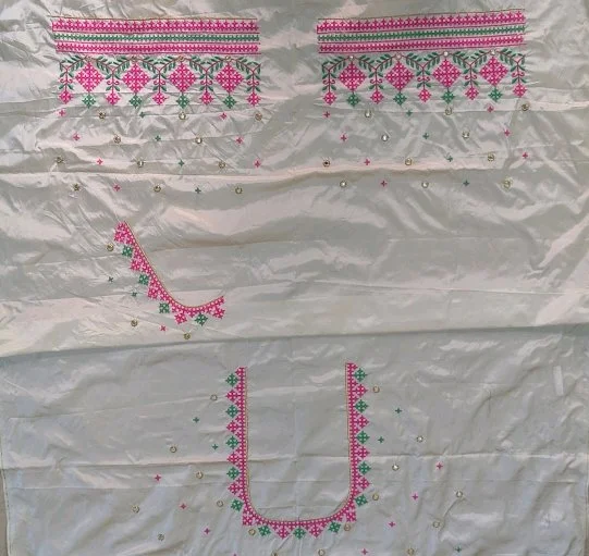 Off White Computer Embroidery Blouse Piece with Pink Green Mirror Work 1