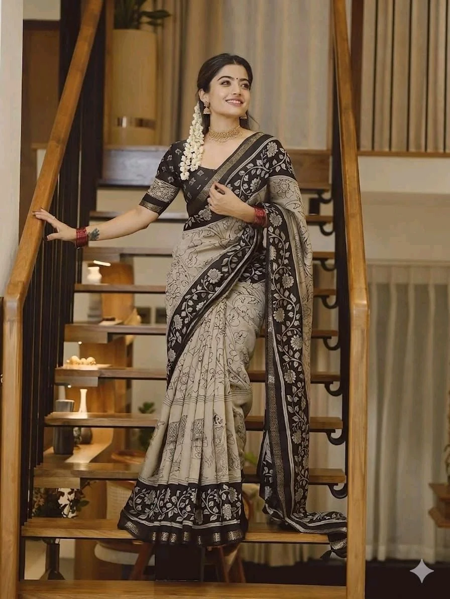 Kalamkari Print Cotton Saree with Traditional Border 7