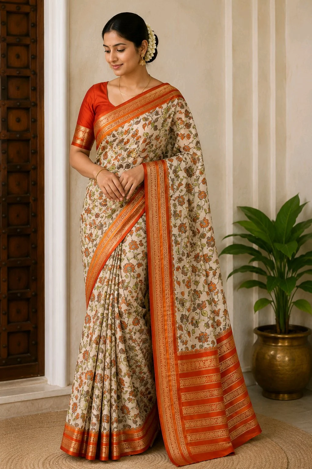 Cream Floral Print Silk Blend Saree with Orange Zari Border thumbnail 1