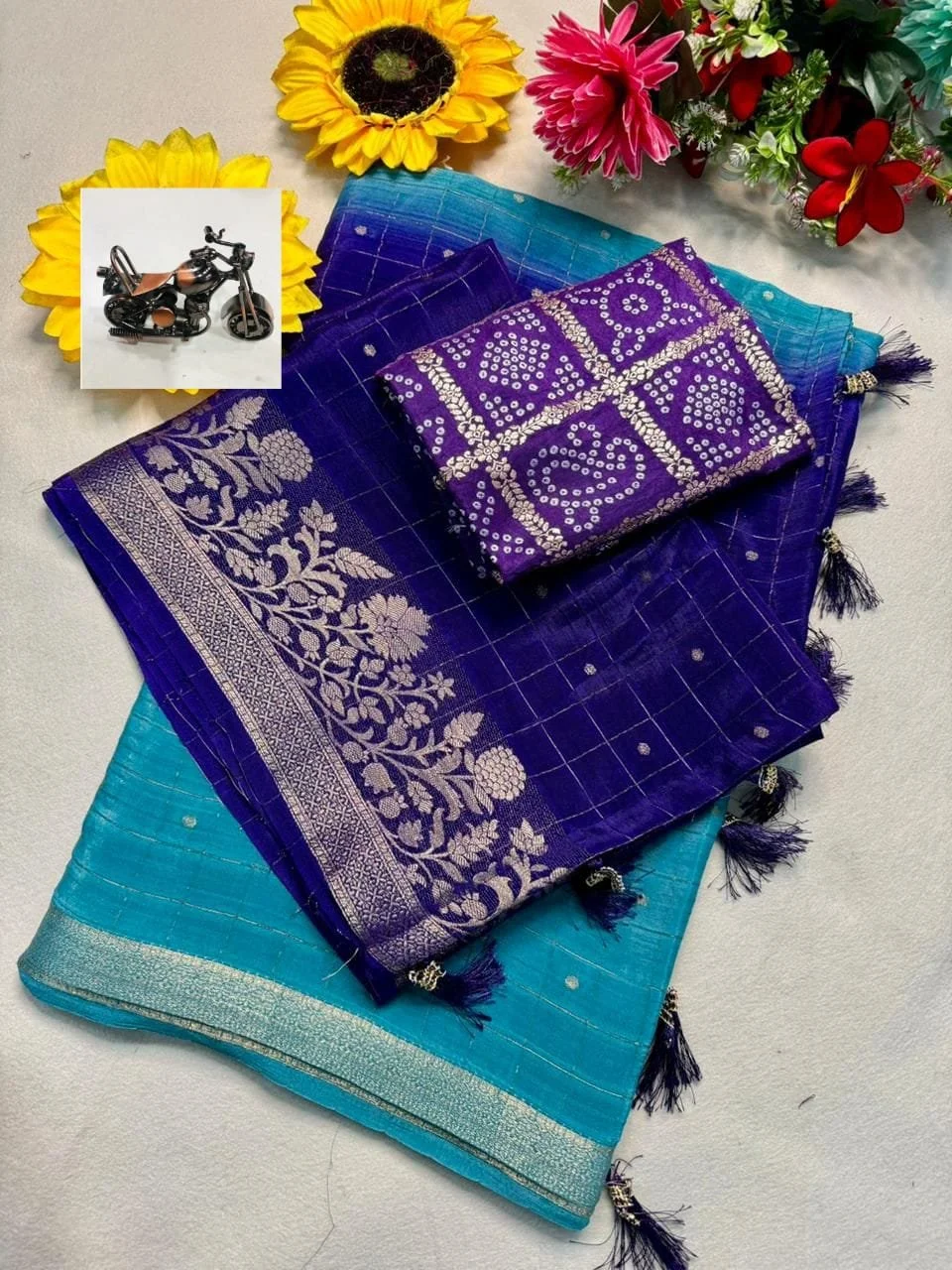 Dual Tone Turquoise and Royal Blue Saree with Zari Border and Bandhani Blouse thumbnail 1