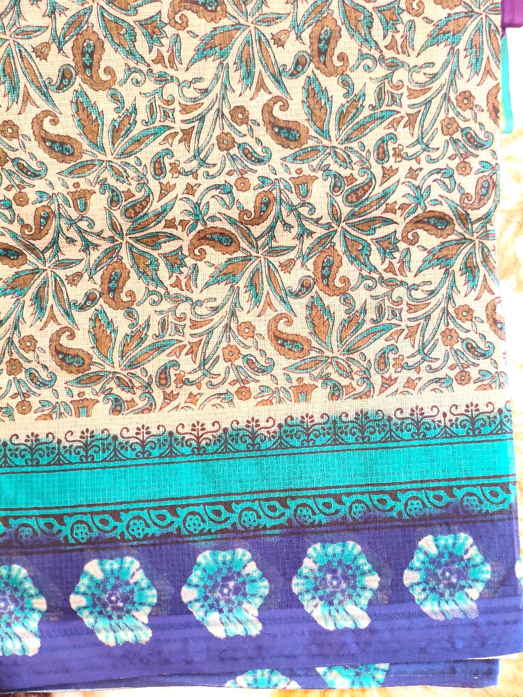 Purple and Teal Block Print Cotton Saree with Floral Blouse thumbnail 2