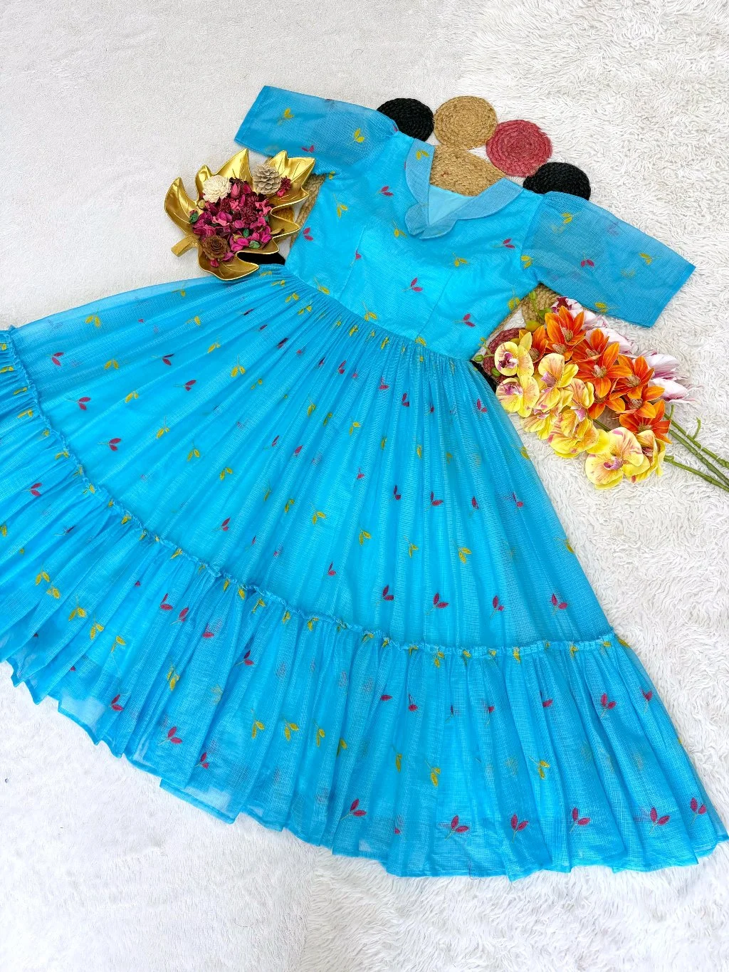 Soft Kota Frock with Colorful Leaf Prints 1