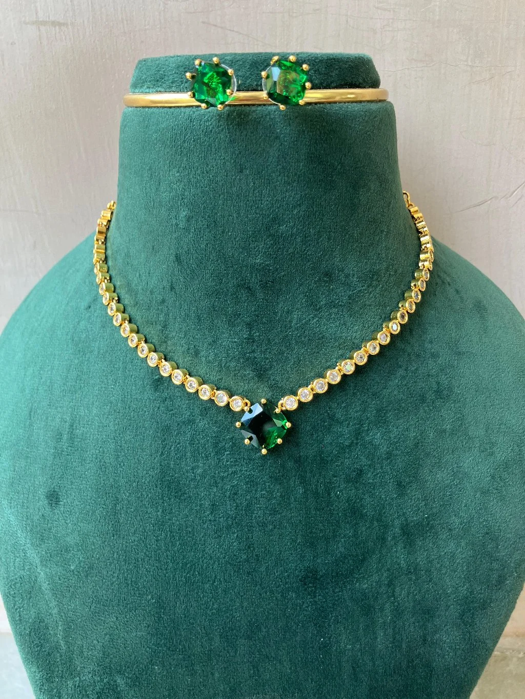 Gold Plated AD and Green Stone Choker Necklace Set thumbnail 4