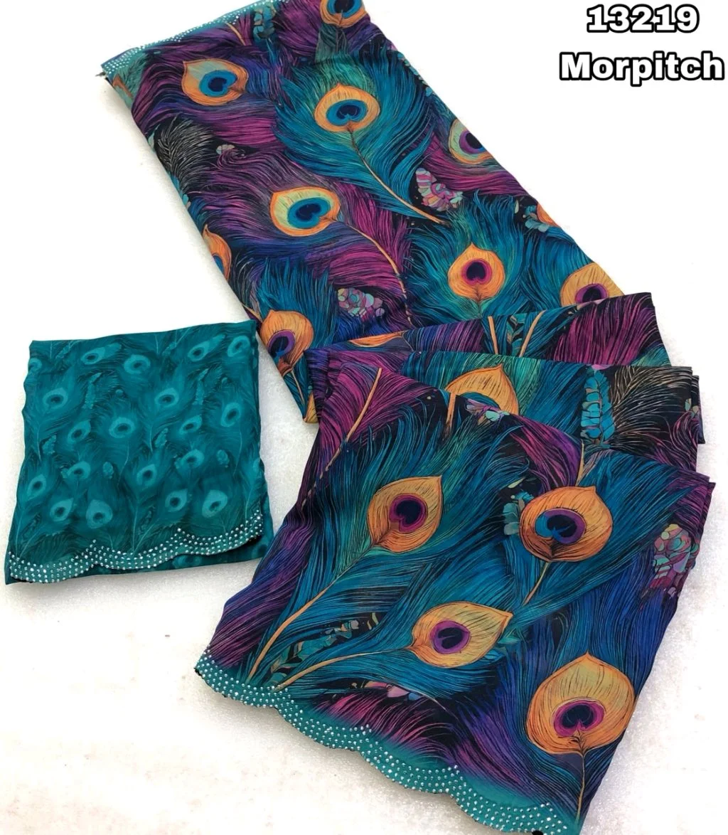 Vibrant Peacock Feather Print Saree Fabric thumbnail 3